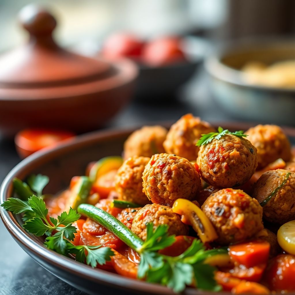 Aromatische Tajine aus Marokko mit Falafel-Bällchen und Zucchini & Paprika