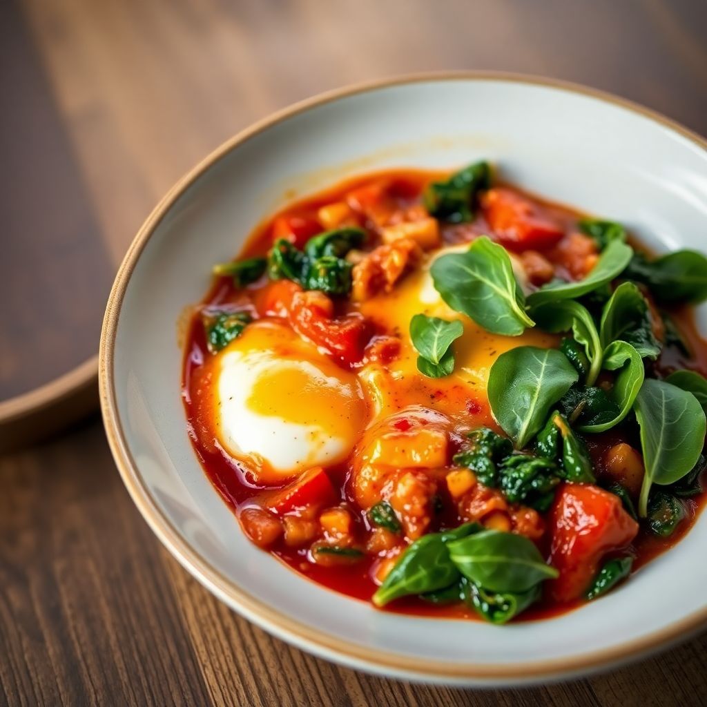 Würzige Shakshuka mit Feto-Käse und Spinat