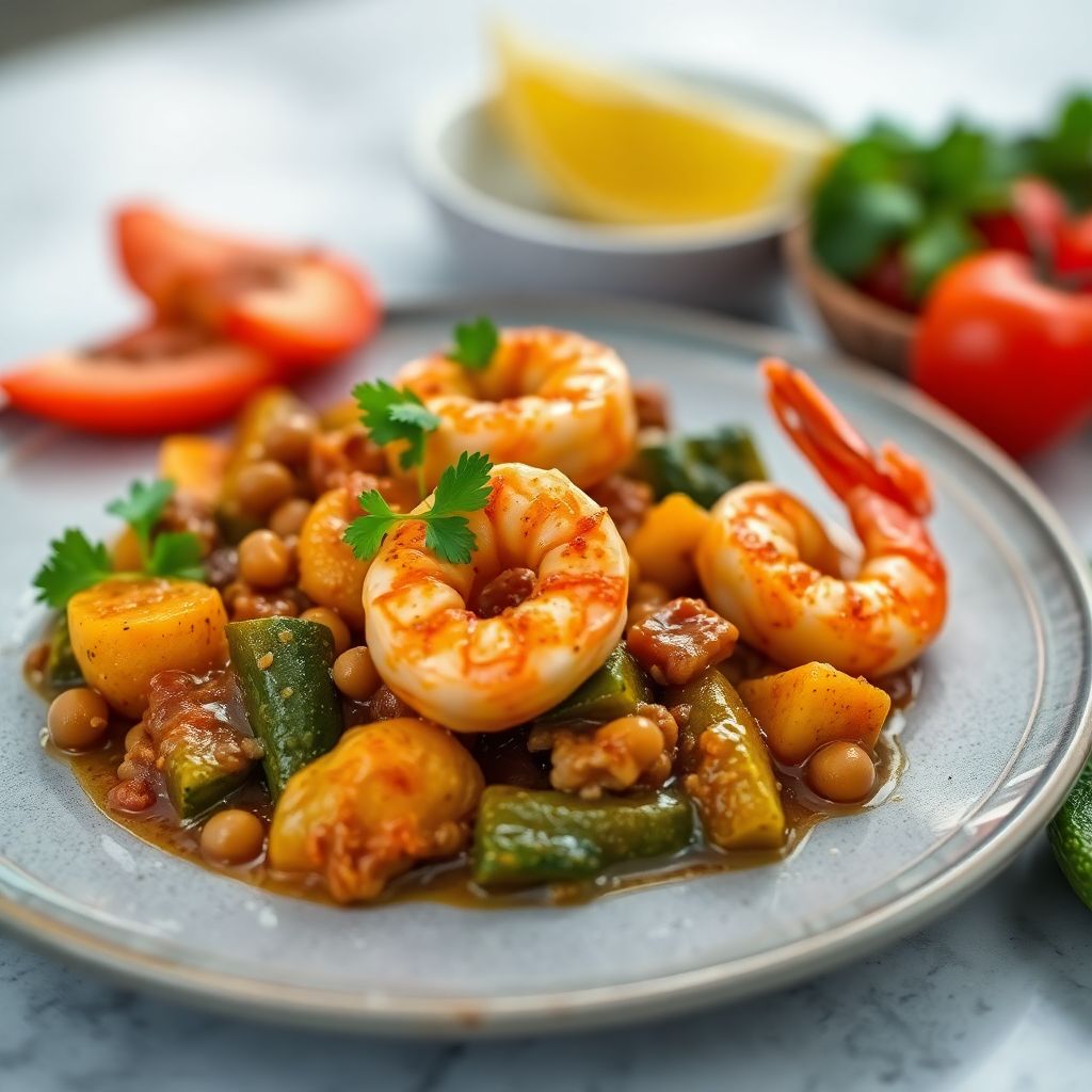 Süßkartoffel-Erdnusstopf mit Garnelen und Zucchini (Maafe)