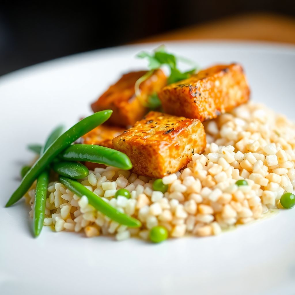 Jollof-Reispfanne mit Räuchertofu und Zuckerschoten