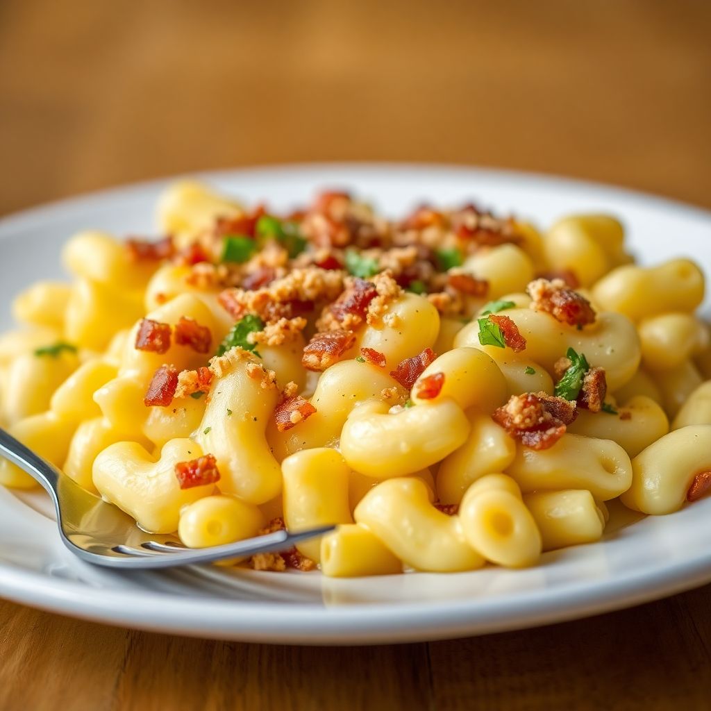 Mac & Cheese mit Bacon-Bröseln und Zwiebeln