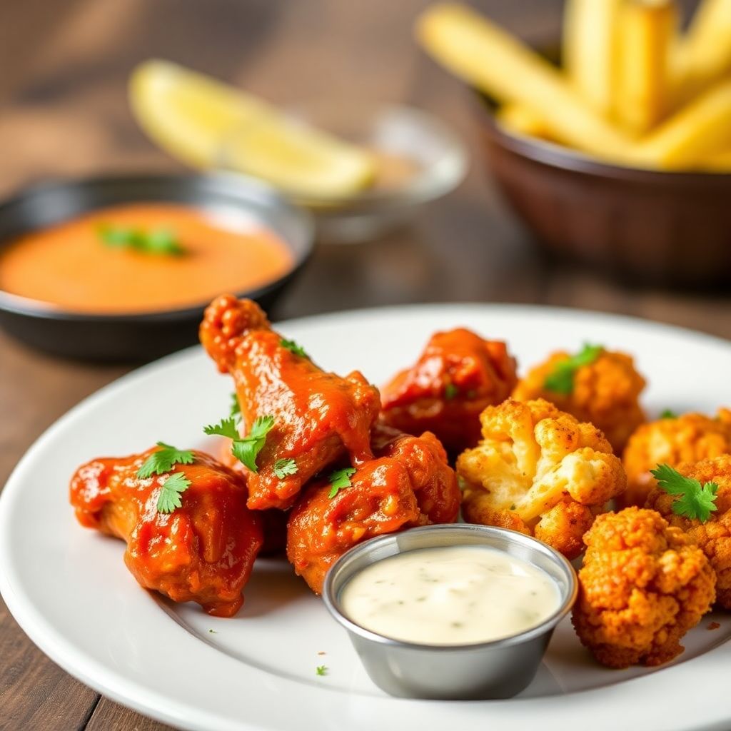 Scharfe Buffalo Wings mit Blumenkohl (Cauli Wings) und Knoblauch-Dip