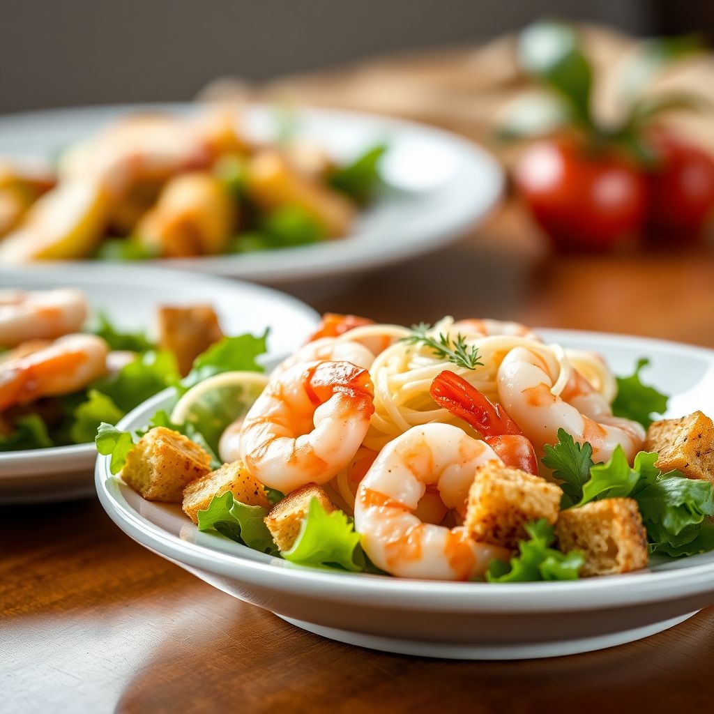 Caesar-Salat mit Garnelen und Croutons