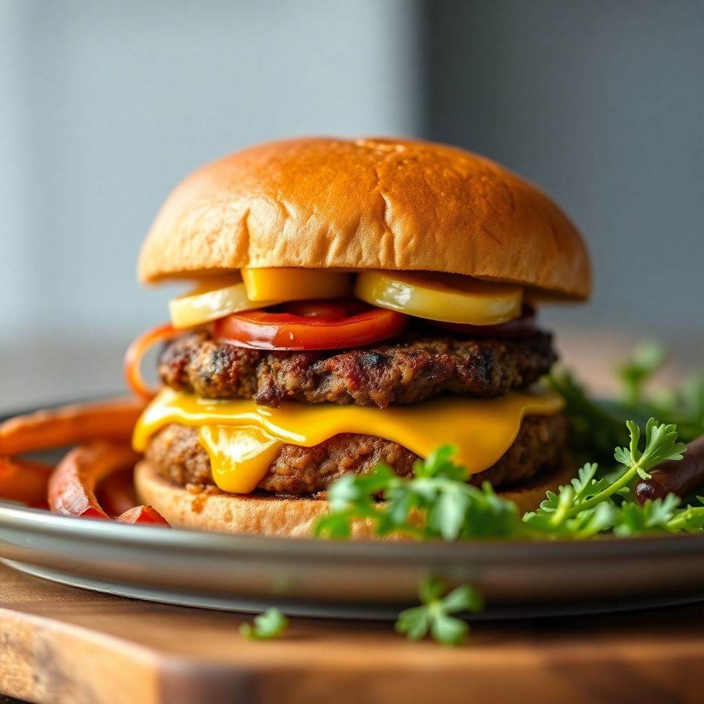 Herzhafter Burger mit Gemüse-Patty und Zwiebeln & Cheddar