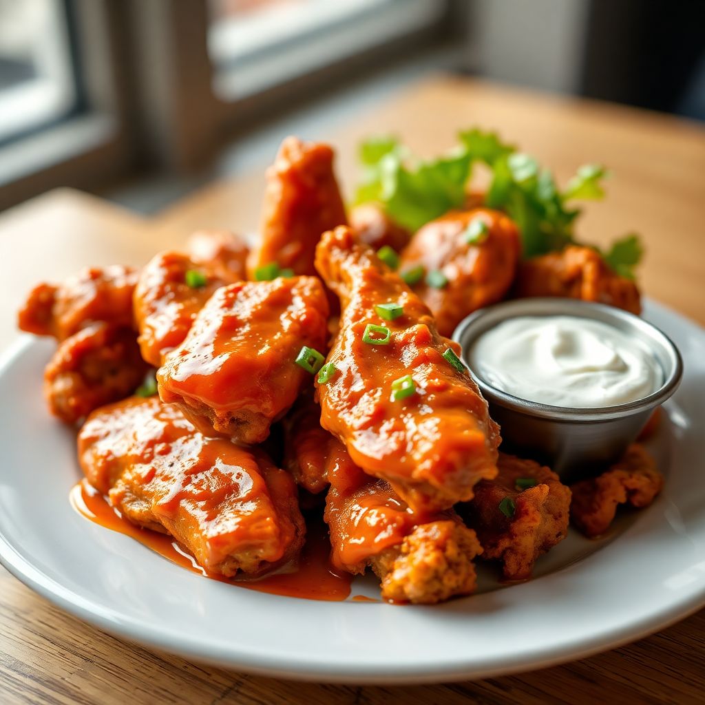 Scharfe Buffalo Wings mit Hähnchenflügeln und Sour Cream