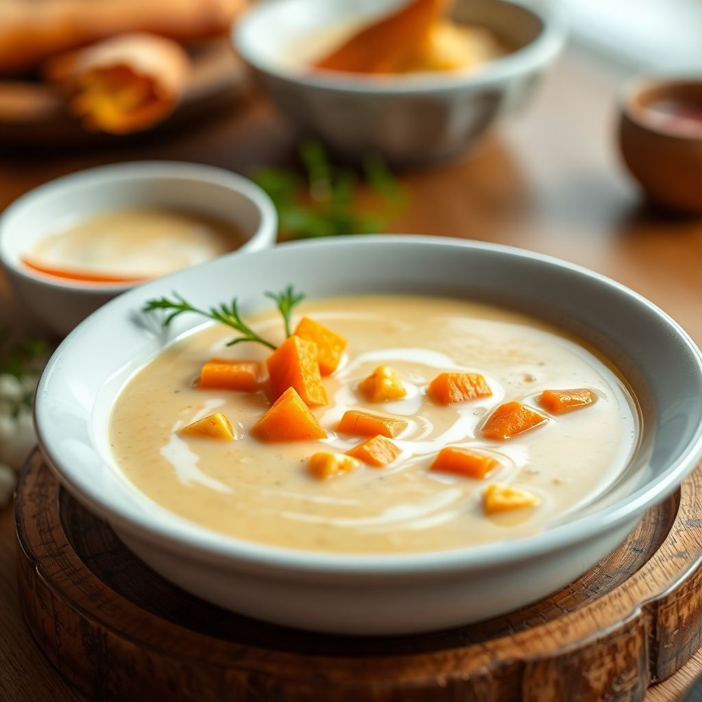 Cremige Chowder-Suppe mit Karotten und Mandel-Creme