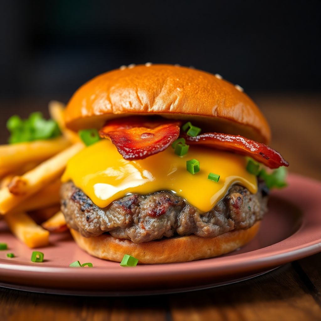 Herzhafter Burger mit Rinder-Patty und Speck & Cheddar