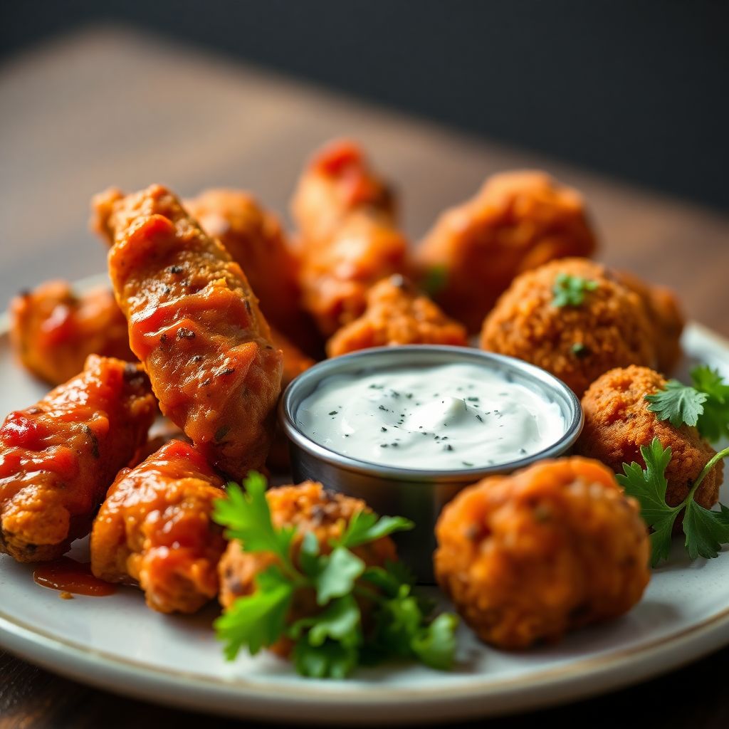 Scharfe Buffalo Wings mit Seitan-Bites und Blue Cheese Dip
