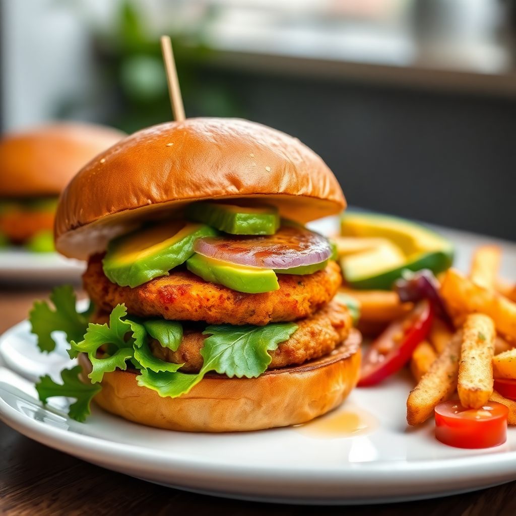 Herzhafter Burger mit Süßkartoffel-Patty und Avocado & Salat