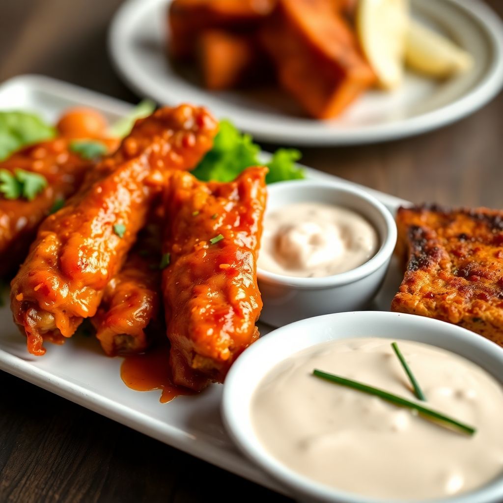 Scharfe Buffalo Wings mit Tofu-Steaks und Schnittlauch-Dip