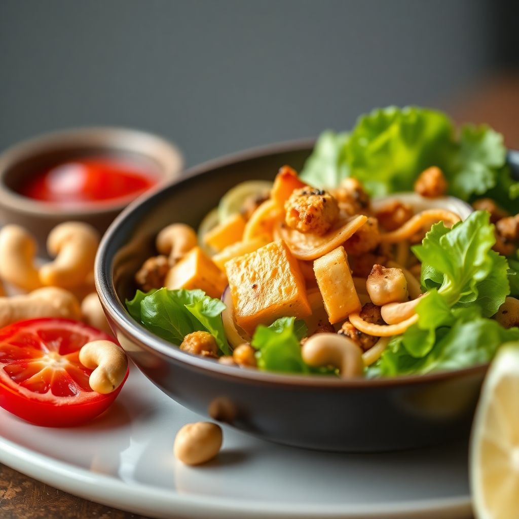 Caesar-Salat mit Tofustreifen und Cashewkernen