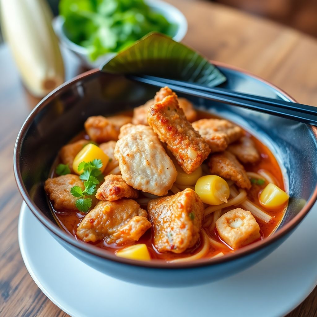 Würziges Ramen mit Hähnchenstreifen und Mais