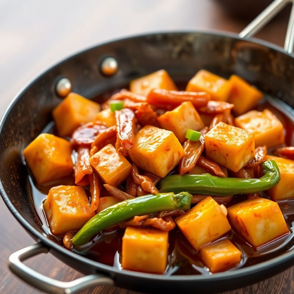 Süß-Sauer Wokpfanne mit krossem Tofu und Bambussprossen