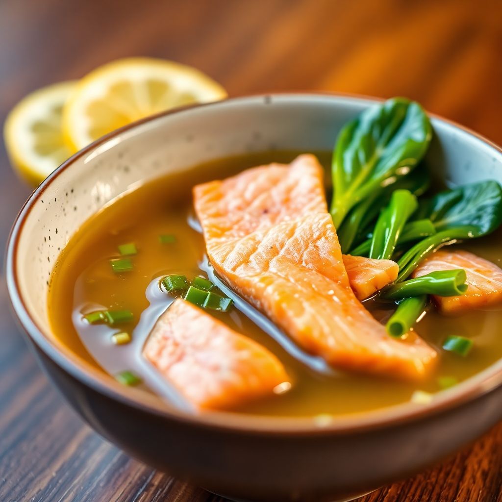 Aromatische Misosuppe mit Lachsstreifen und Pak Choi
