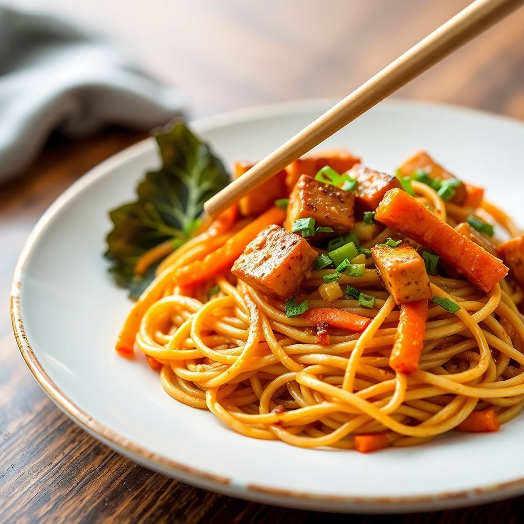 Knusprige Wok-Nudeln mit Räuchertofu und Karotten