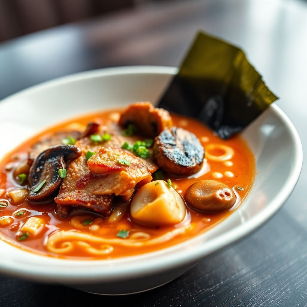 Würziges Ramen mit Schweinebauch und Pilzen
