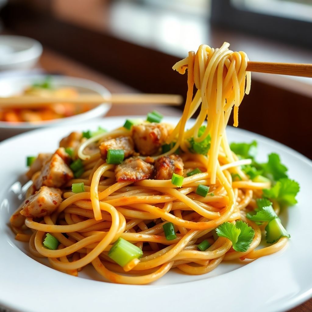 Knusprige Wok-Nudeln mit Schweinefleisch und Sprossen