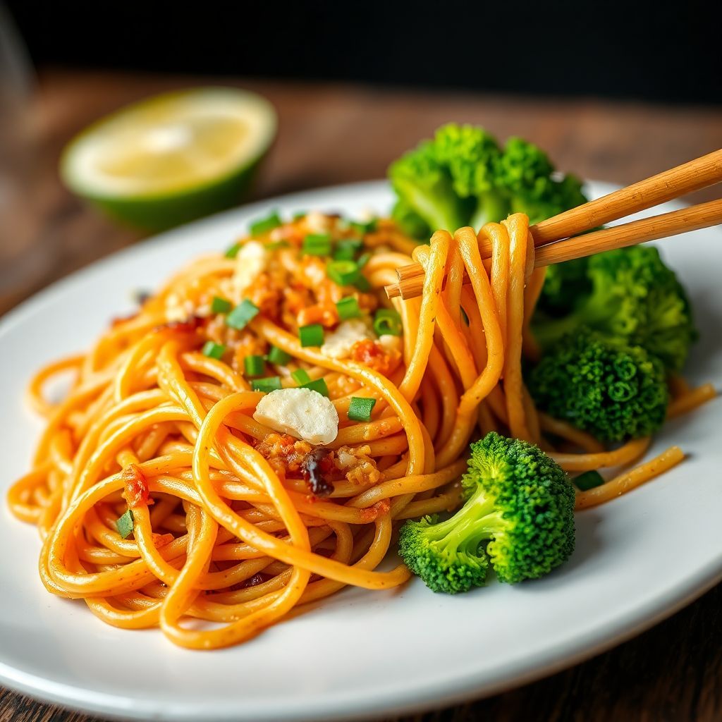 Knusprige Wok-Nudeln mit Seitan und Brokkoli
