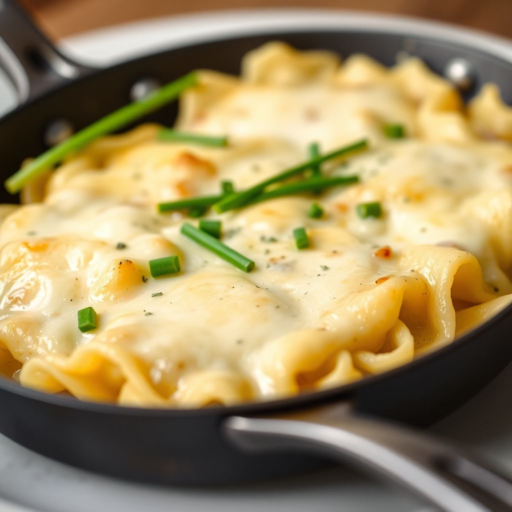 Käsespätzle-Pfanne mit Knoblauch und Schnittlauch