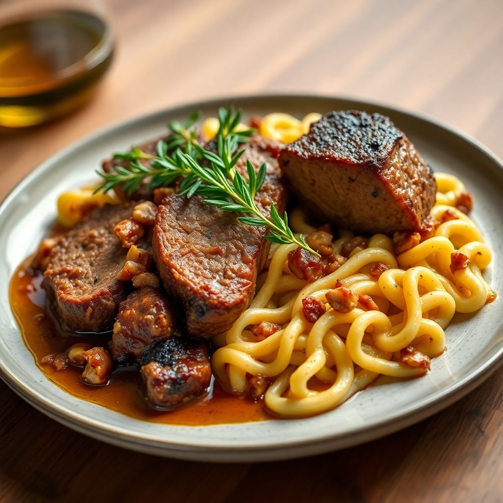 Festlicher Schmorbraten mit Nussbraten und Spätzle