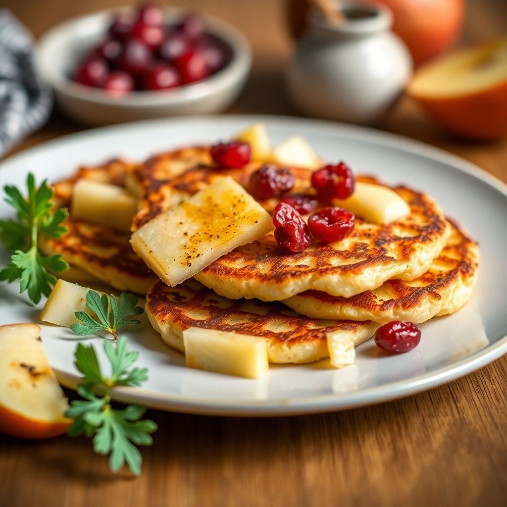 Knusprige Kartoffelpuffer mit Preiselbeeren und Apfelstücken