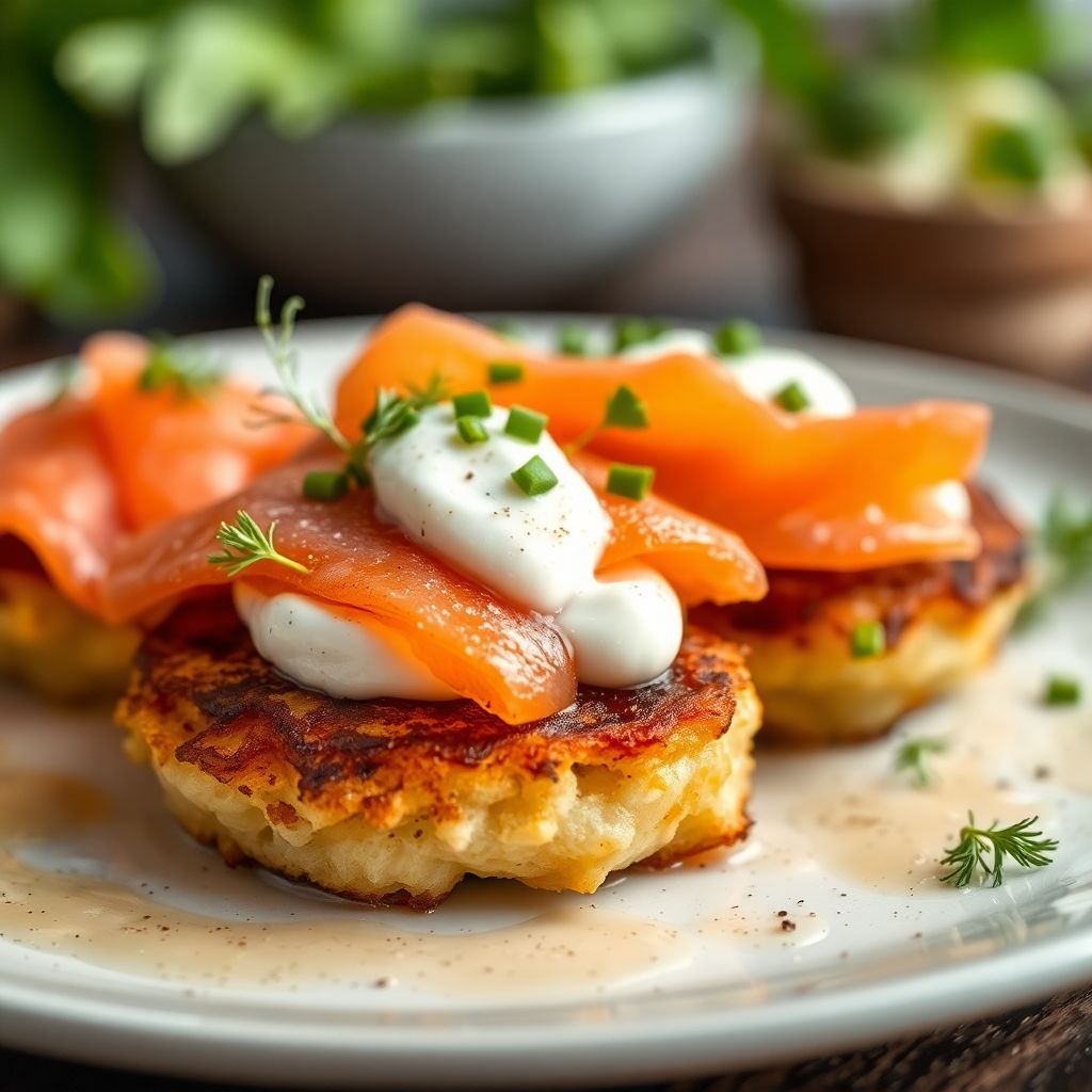 Knusprige Kartoffelpuffer mit Räucherlachs und Sahnemeerrettich