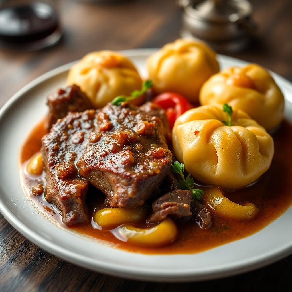 Festlicher Schmorbraten mit Rinderbraten und Kartoffelknödeln