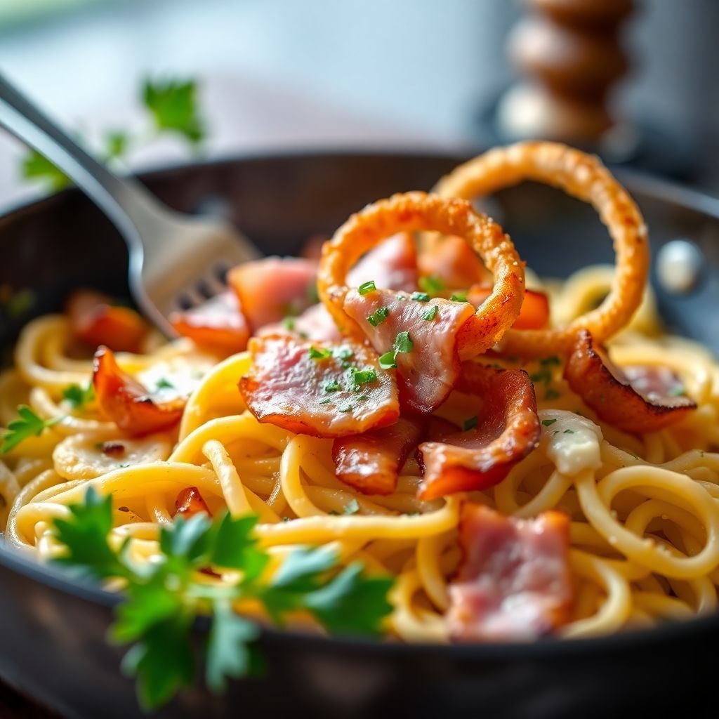 Käsespätzle-Pfanne mit Schinkenstreifen und Zwiebelringen