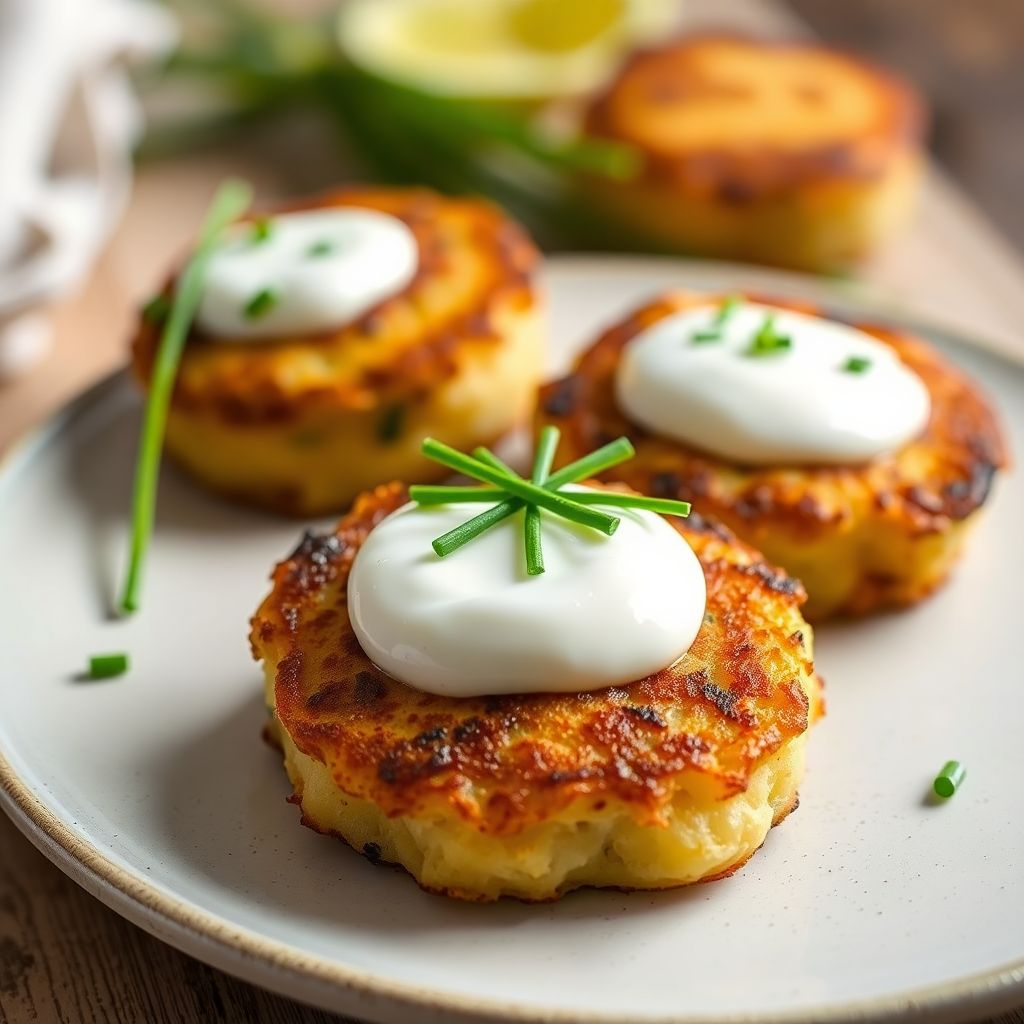 Knusprige Kartoffelpuffer mit Schnittlauch-Quark und Schnittlauch