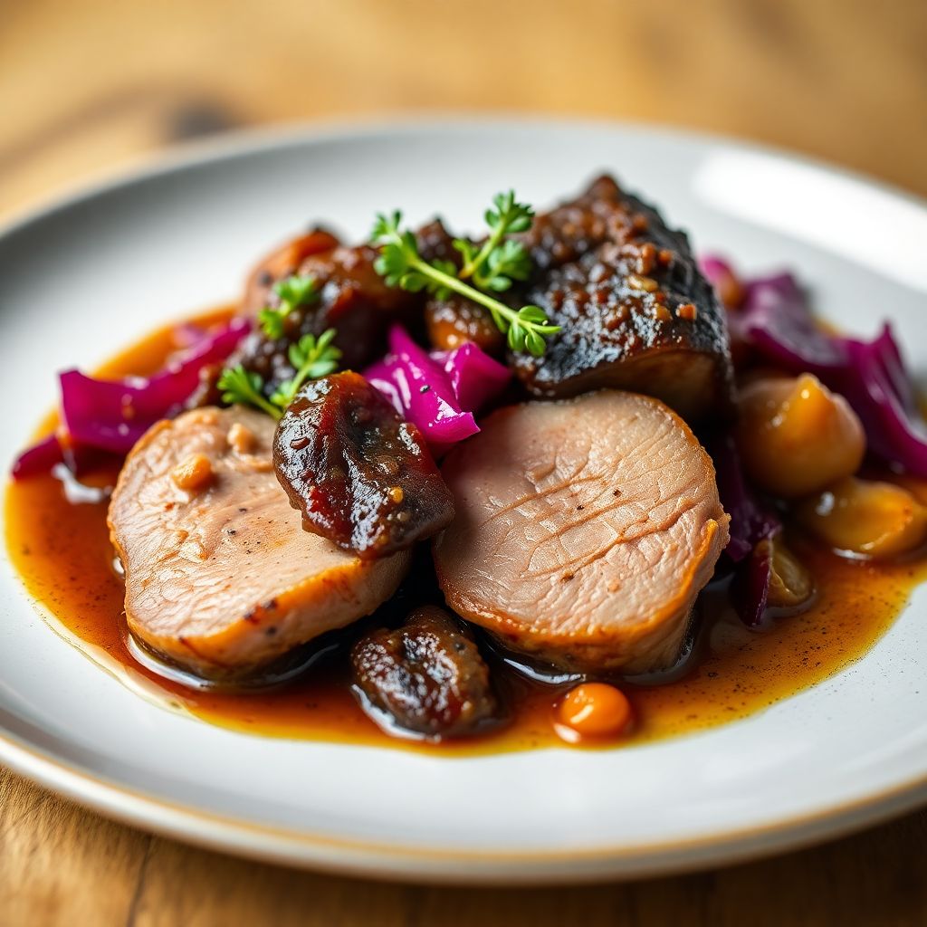 Festlicher Schmorbraten mit Schweinenacken und Rotkohl