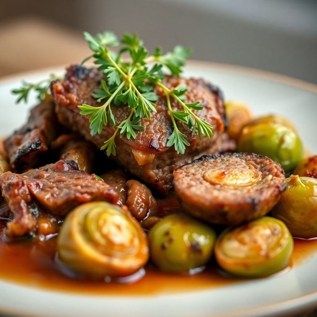 Festlicher Schmorbraten mit Seitan-Braten und Rosenkohl