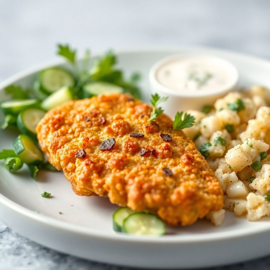 Knuspriges Schnitzel mit Gurkensalat und Seitan-Schnitzel