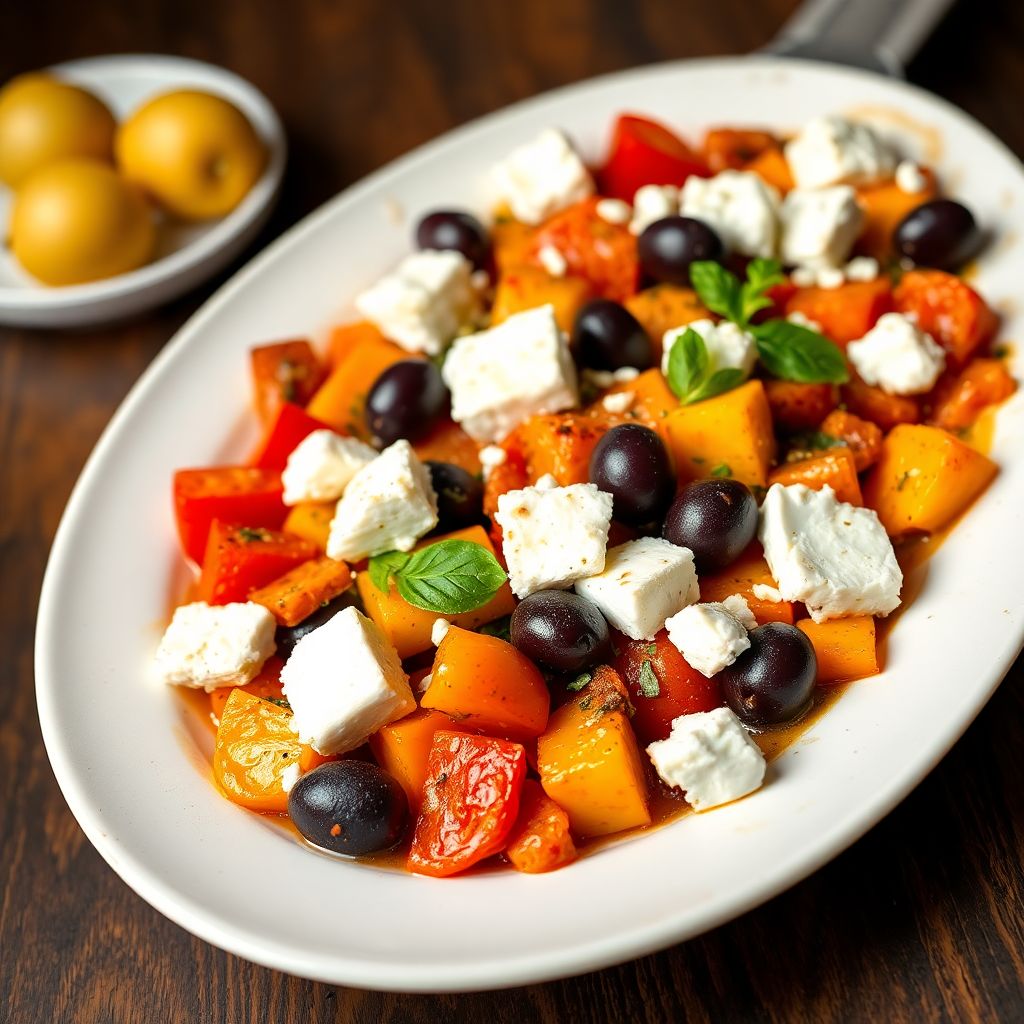 Ratatouille-Gemüsepfanne mit Feta-Käse und Oliven
