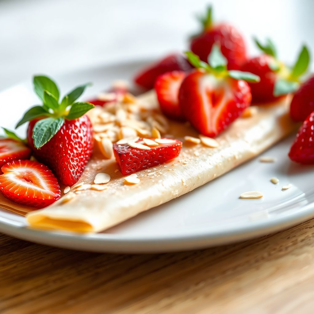 Hauchdünne Crêpes mit Mandelblättchen und Erdbeeren