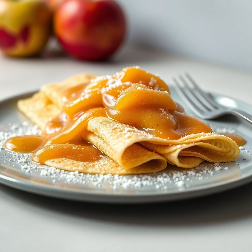 Hauchdünne Crêpes mit Zucker und Apfelmus
