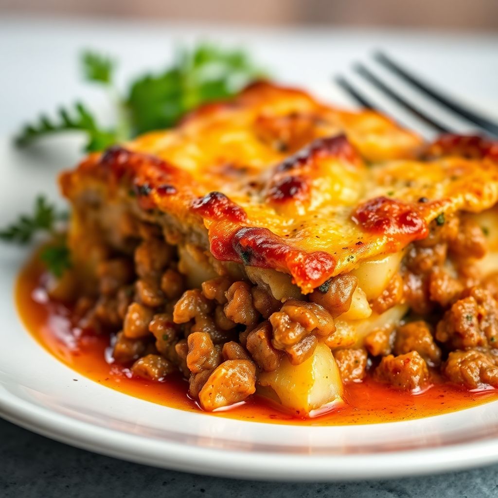 Griechischer Auflauf (Moussaka) mit Hackfleisch und Kartoffeln