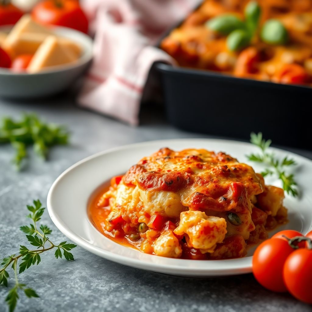 Griechischer Auflauf (Moussaka) mit Hähnchen und Tomaten