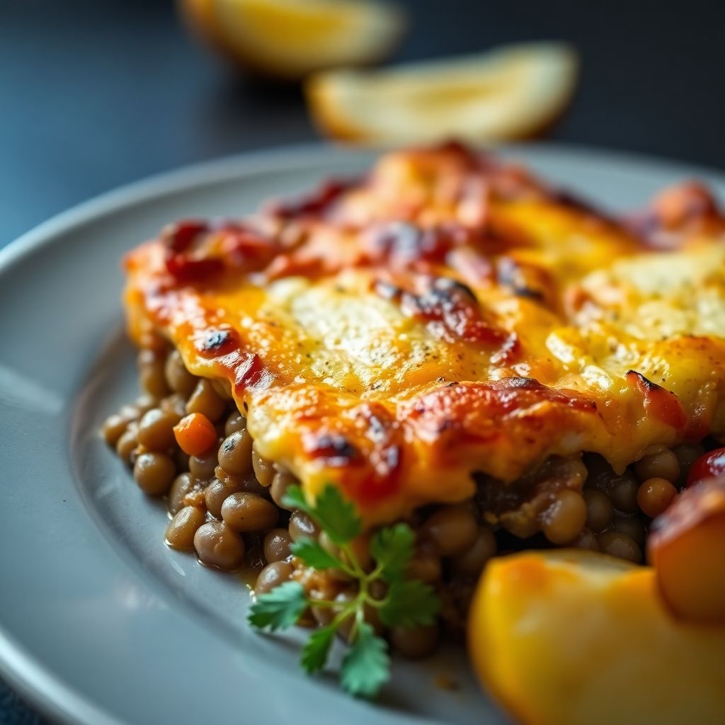 Griechischer Auflauf (Moussaka) mit Linsen und Kartoffeln