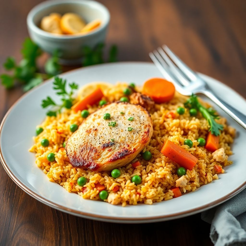 Biryani-Reispfanne mit Hähnchenbrust und Erbsen & Karotten