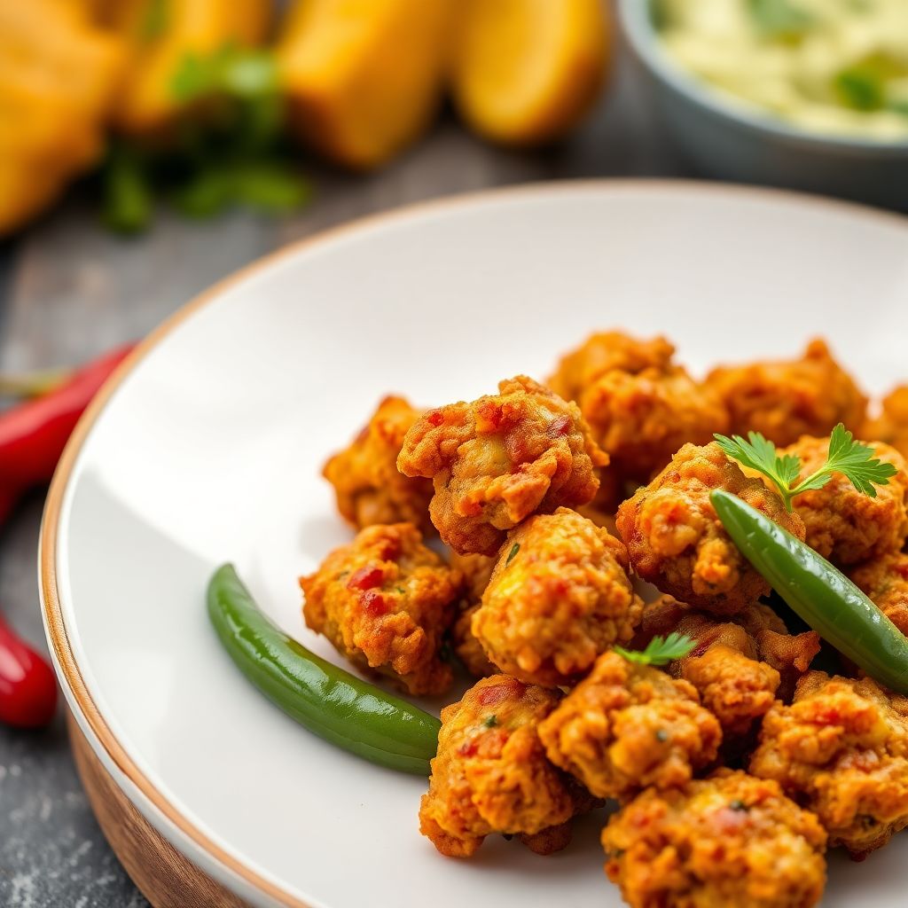 Knusprige Pakoras mit Hähnchenstücken und Chilischoten