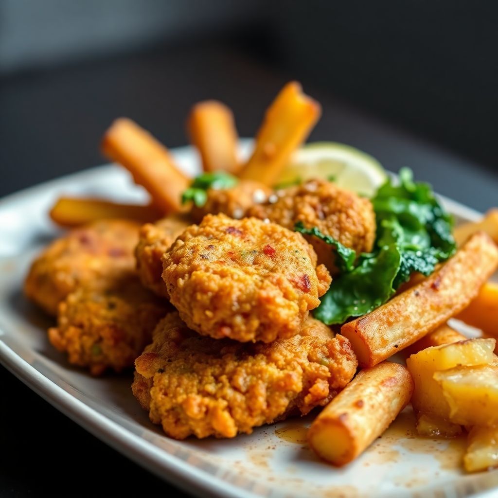 Knusprige Pakoras mit Kartoffelspalten und Spinat