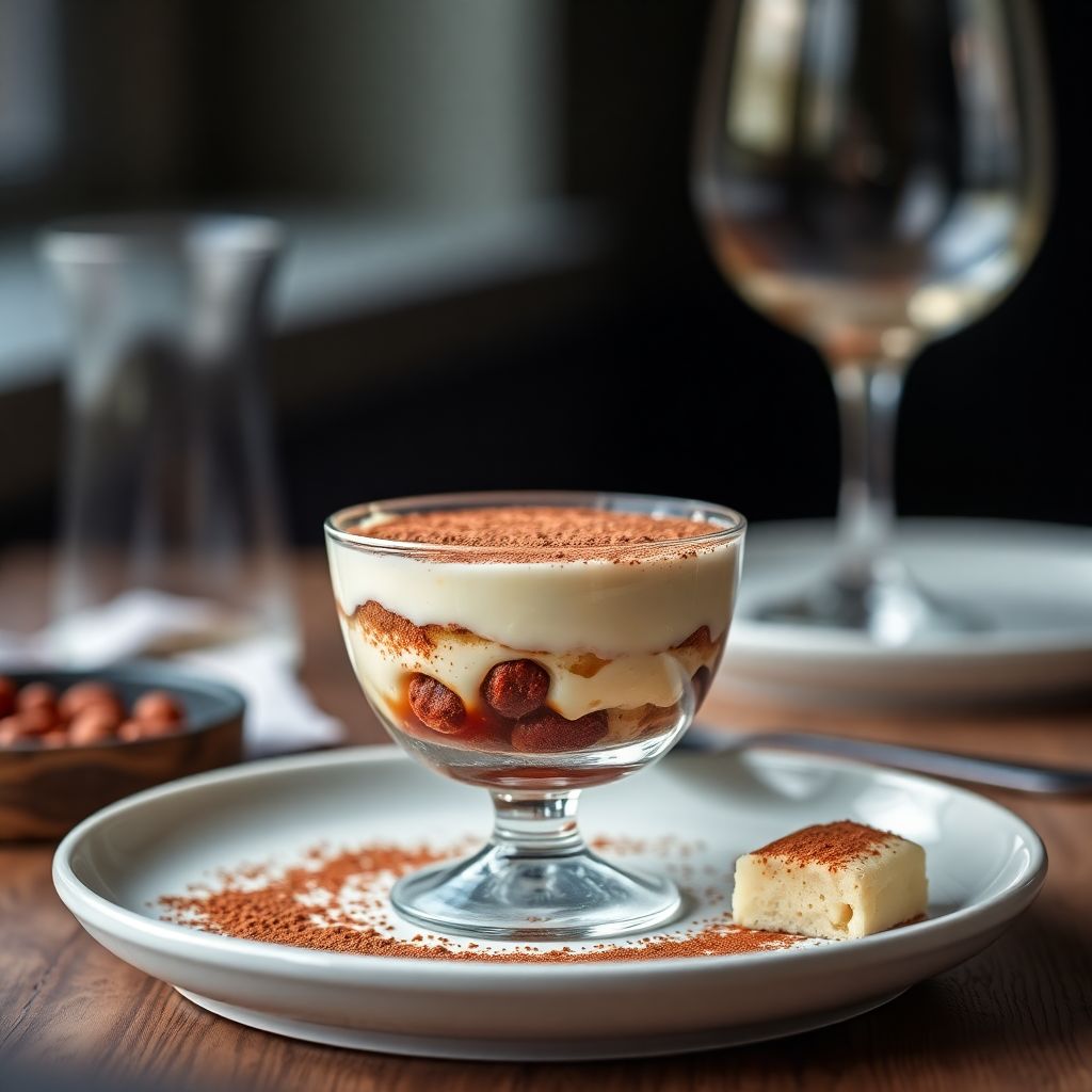 Cremiges Tiramisu im Glas mit Amaretto und Kakaopulver