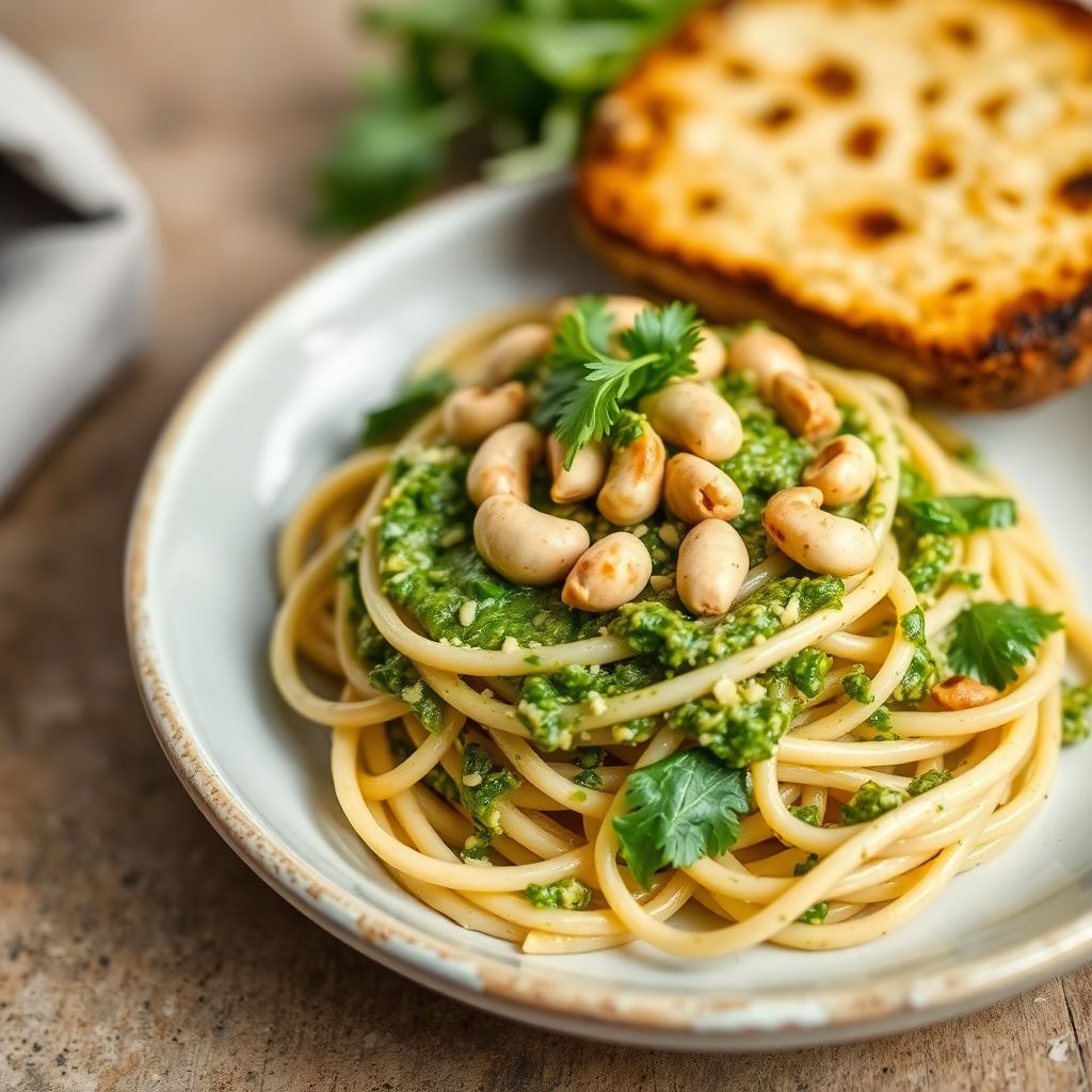 Spaghetti mit cremigem Pesto aus Cashewkernen und Rucola