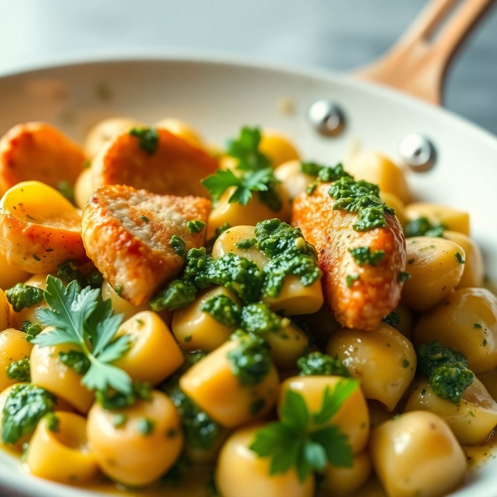 Gnocchi-Pfanne mit Hähnchenstreifen und Pesto