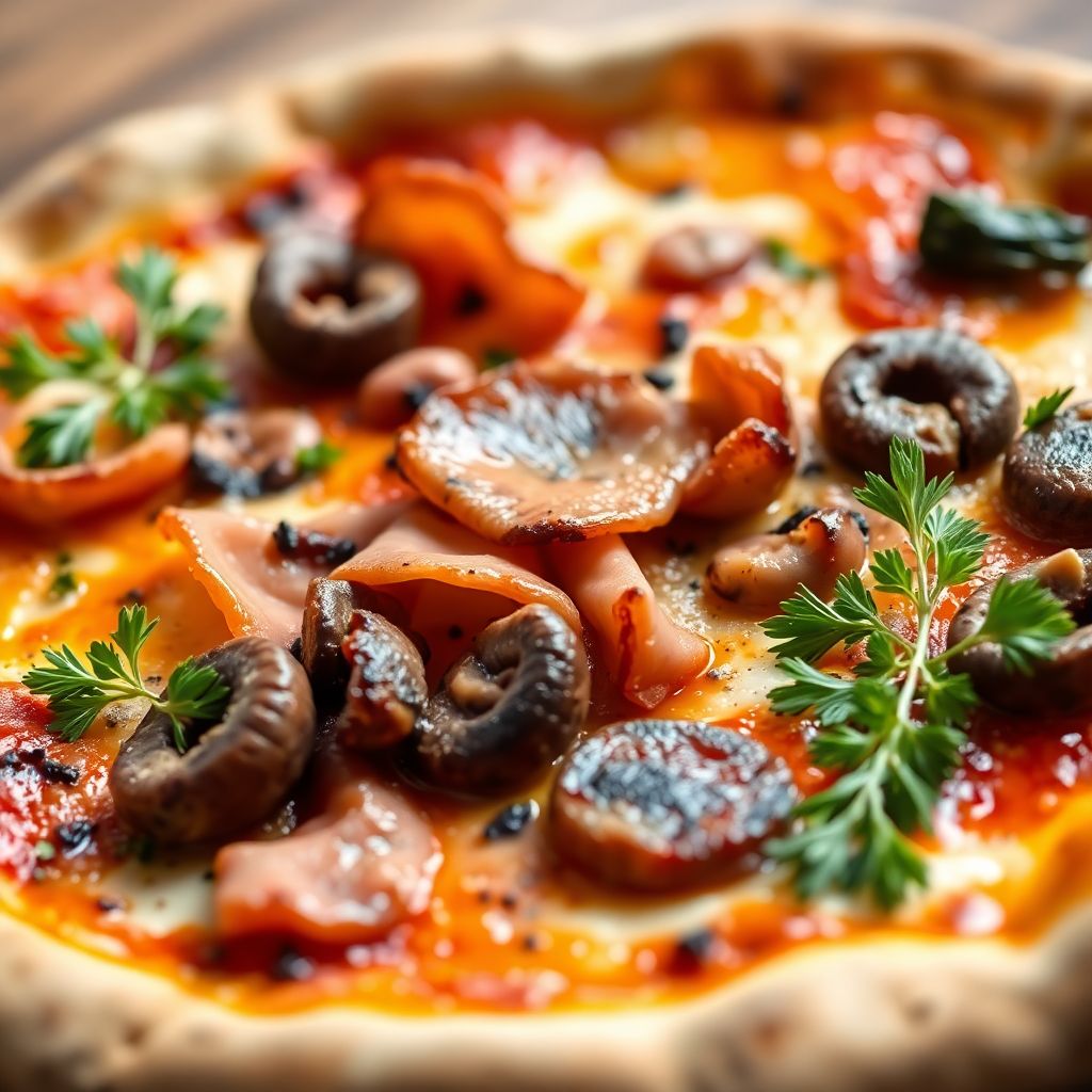 Klassische Steinofen-Pizza mit Kochschinken und Champignons