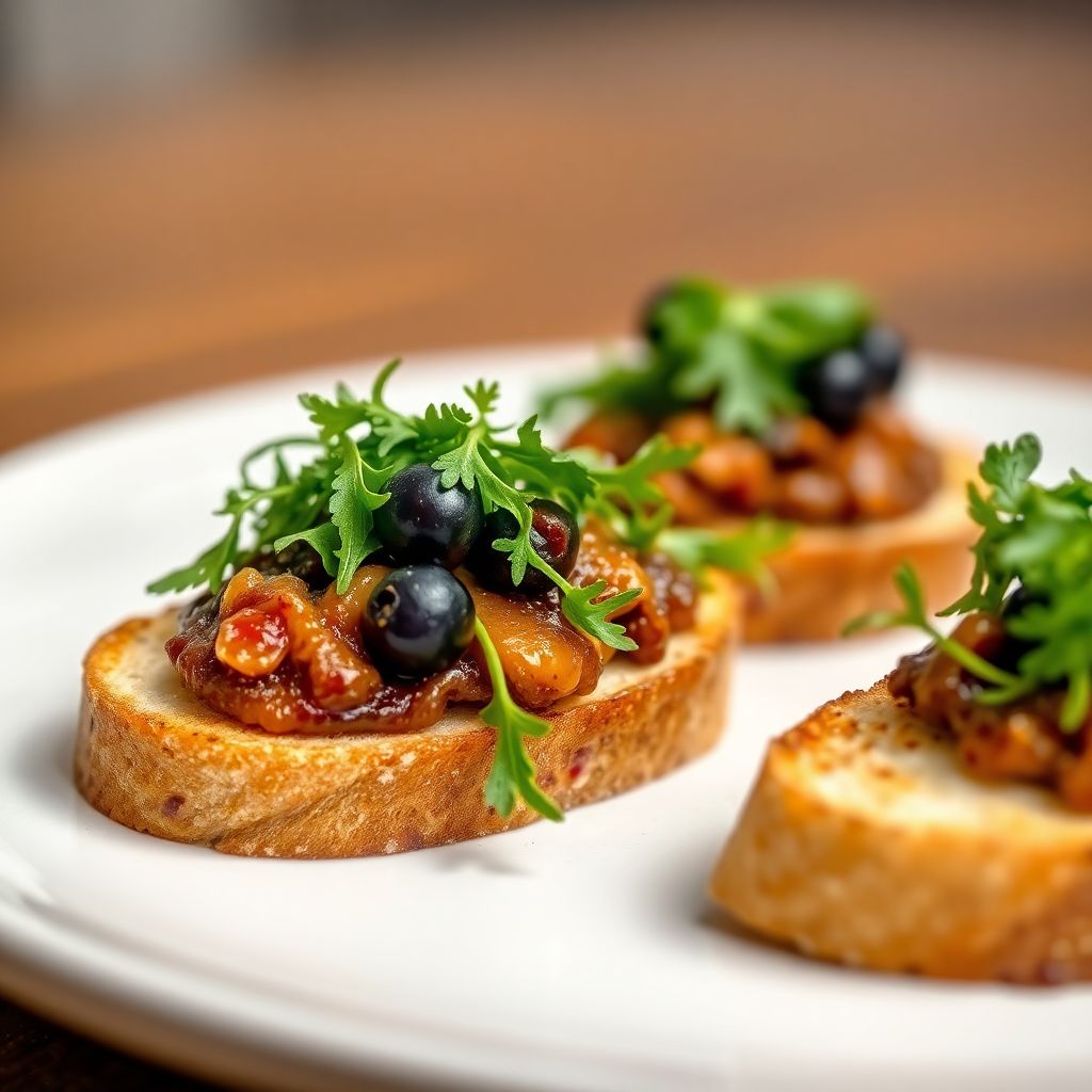 Knusprige Bruschetta mit Oliven-Tapanade und Rucola