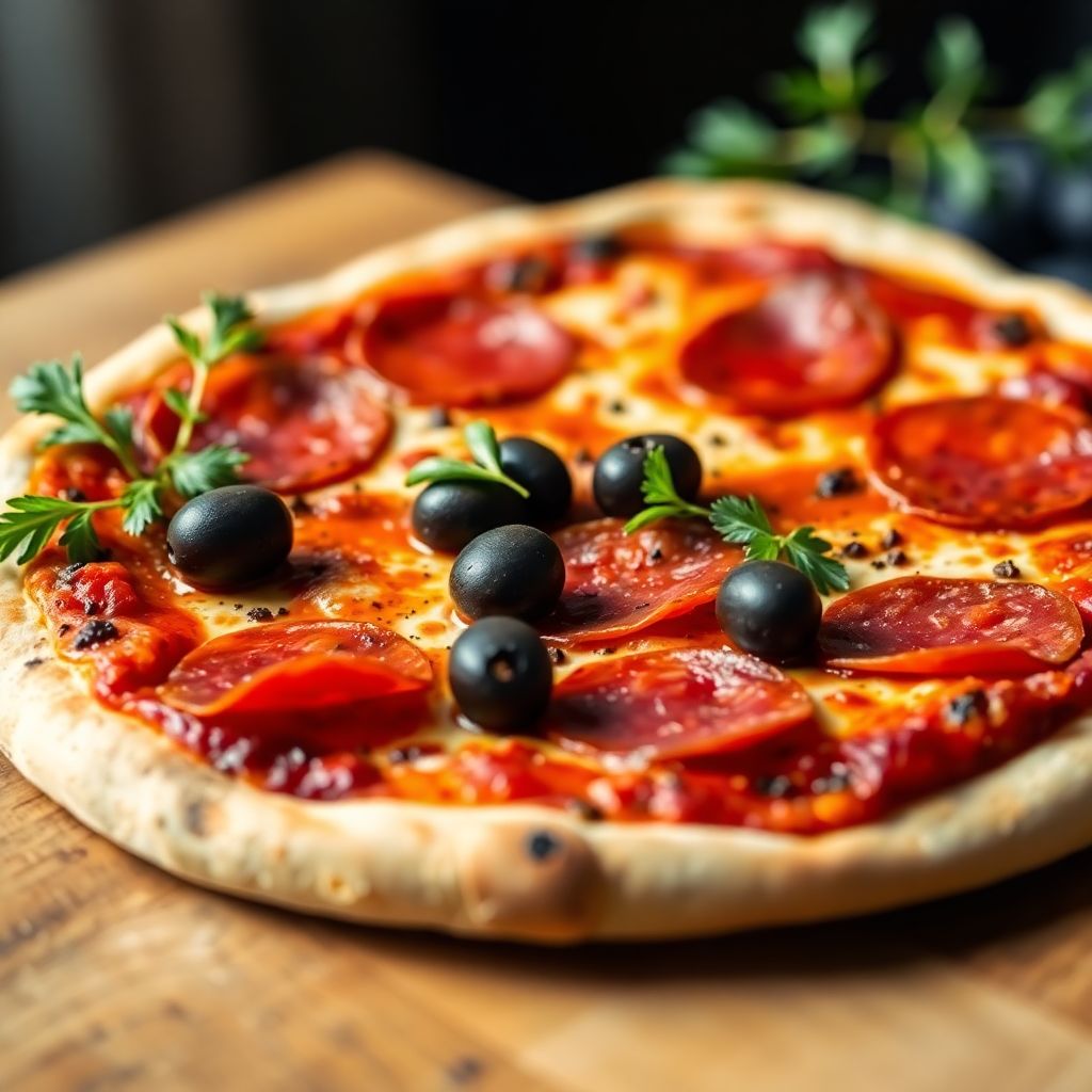Klassische Steinofen-Pizza mit Salami und Oliven