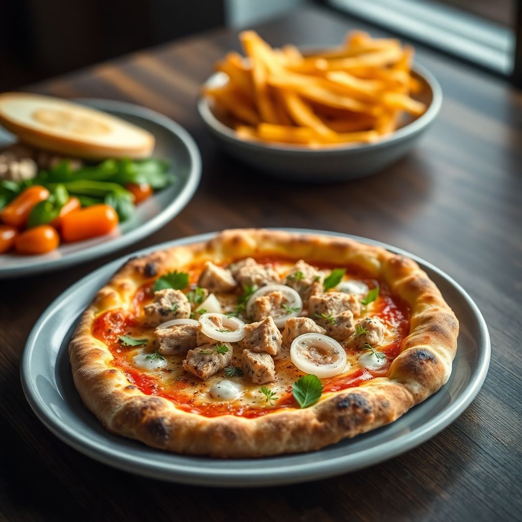Klassische Steinofen-Pizza mit Thunfisch und Zwiebeln
