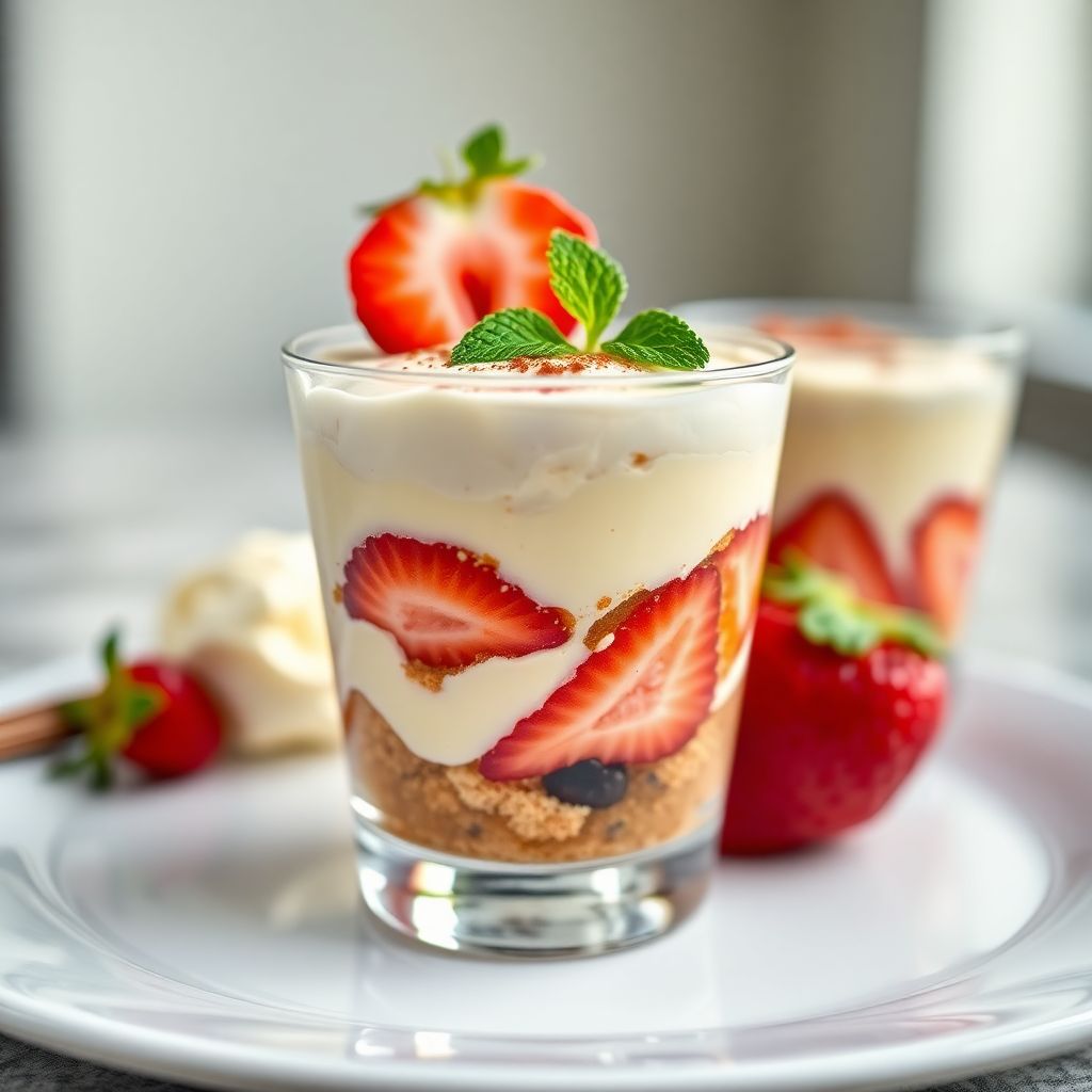 Cremiges Tiramisu im Glas mit Vanilleextrakt und Erdbeeren