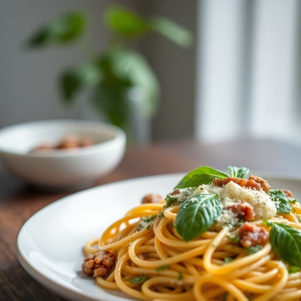 Spaghetti mit cremigem Pesto aus Walnüssen und Basilikum